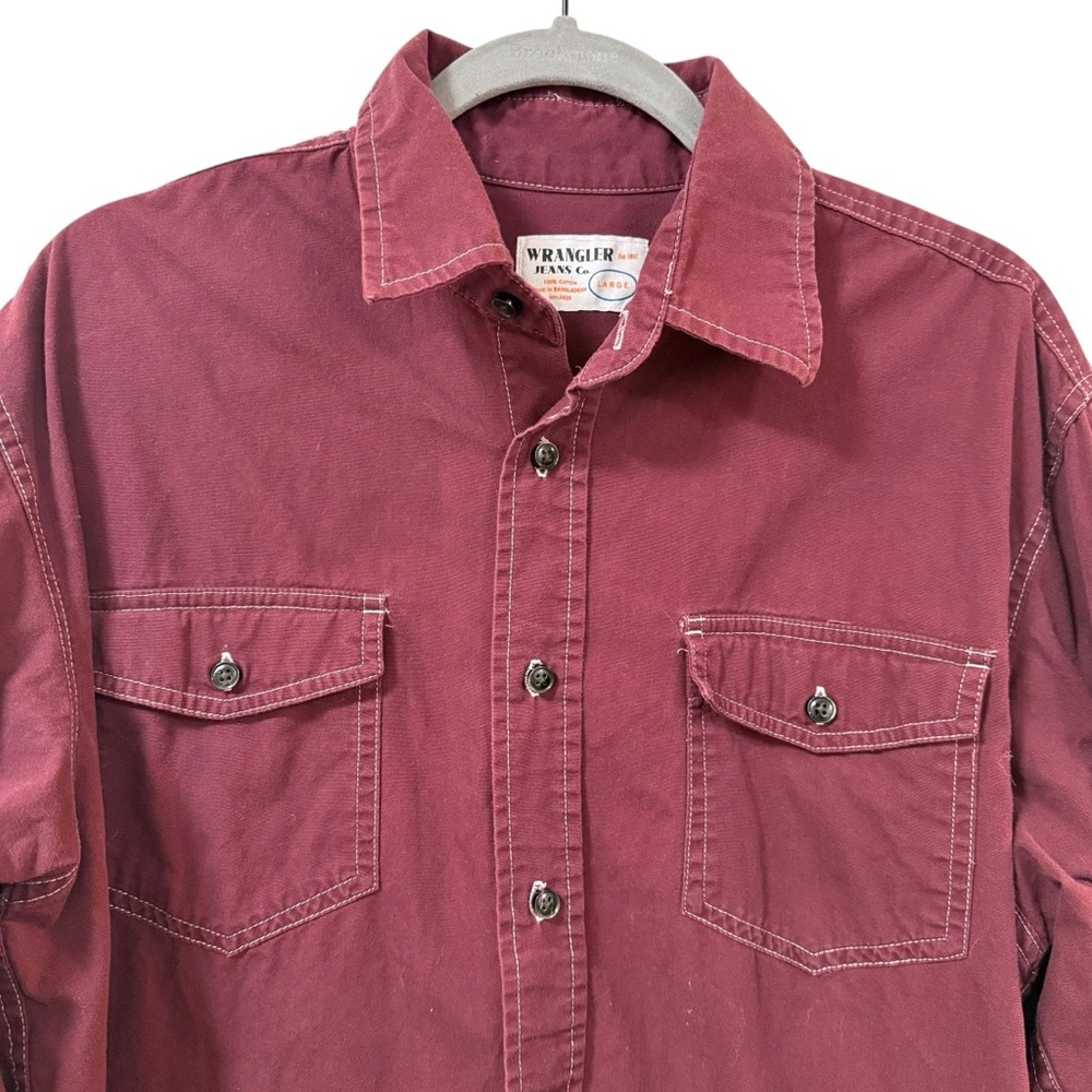 Wrangler Jeans Co burgundy cotton button down shirt mens LARGE long sleeve
